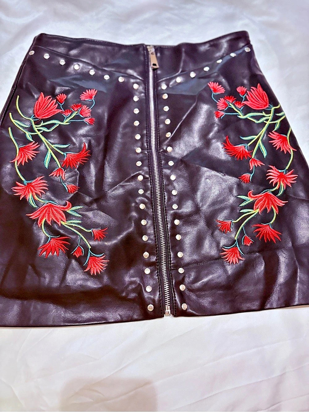 Fashion Nova Floral Embroidered Faux Leather Mini Skirt in Black & Red